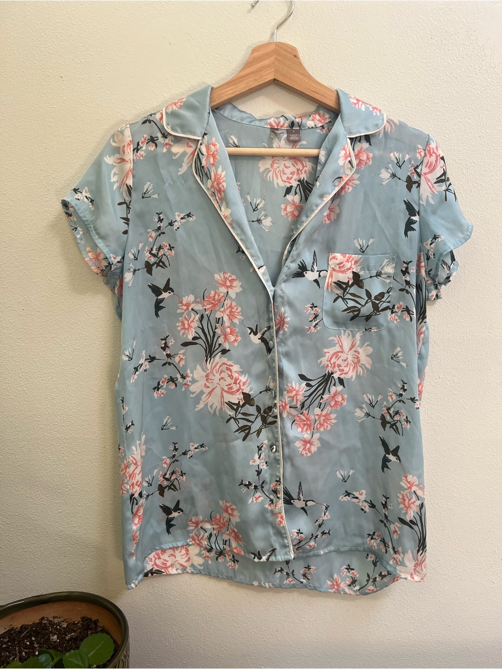 Vintage Light Blue Floral Satin Short-Sleeve Button-Up Shirt